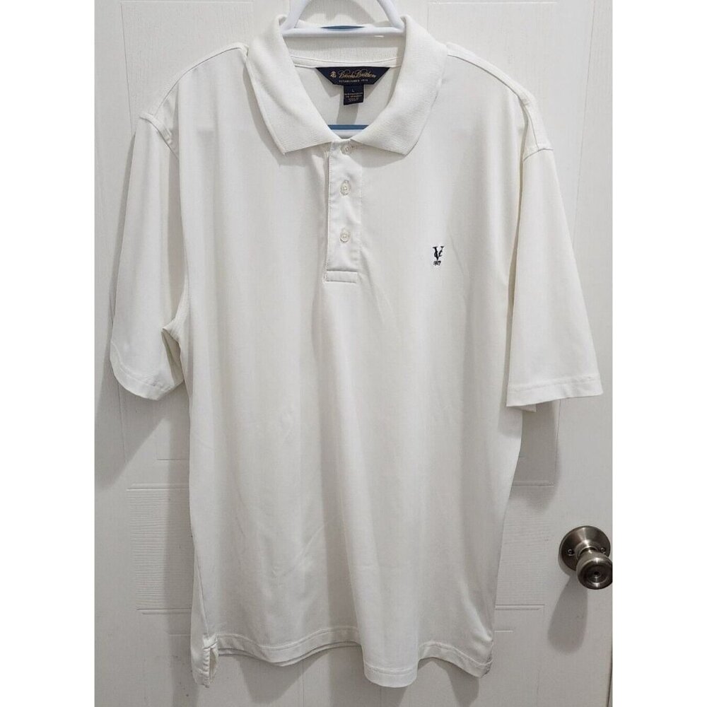 Brooks Brothers White Short Sleeve Stretch Polo Shirt Size Large Polyester Blend